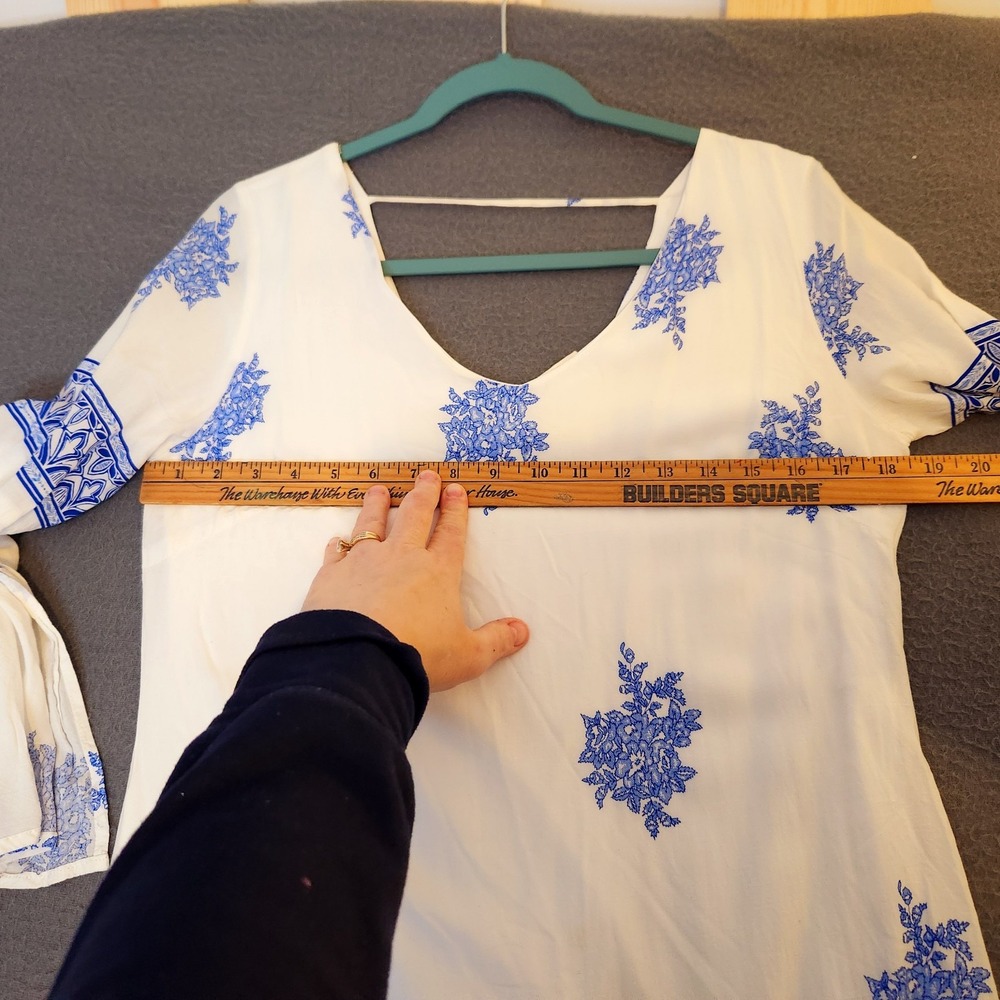 Pink Owl Tunic Mini Dress Sz S White Blue Floral Flared Bell Sleeve Boho Hippy - Picture 4 of 8